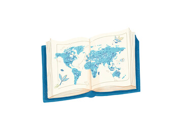 Open book depicting a world map with soft blue tones and artistic botanical accents