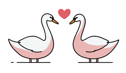 Two cartoon swans face each other beneath a red heart against a stark black backdrop