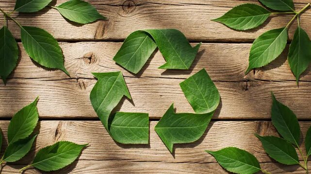 Stop motion animation of green leaves forming recycling symbol on rustic wooden background