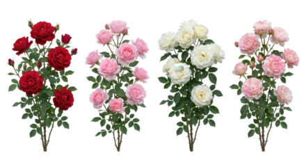 Set of 4 Rosa hybrida (Garden Rose) flowering shrubs isolated on white background, photorealistic botanical collection showing thorny stems and vibrant blooms for garden design.