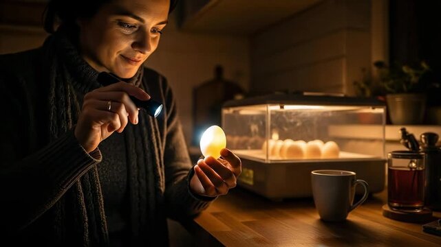 Close-Up of a Woman Candling an Egg in a Cozy Kitchen During the Evening