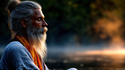 Sadhu meditates peacefully in morning light, embodying tranquility and wisdom amidst nature beauty