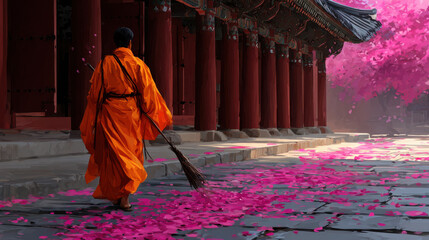 Monk in orange robe sweeps vibrant pink petals along serene path in Asian temple, capturing daily life in harmony with nature