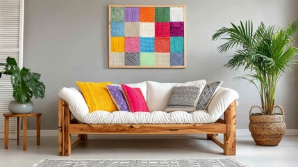 Boho living room with wooden sofa and colorful pillows. Ideal for lifestyle blogs, furniture e-commerce, and home decor websites discussing vibrant, modern interior trends.