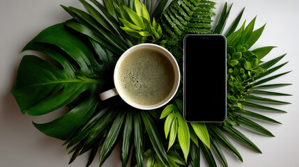 Serene digital detox scene featuring cup of coffee, smartphone, and lush green items surrounded by vibrant foliage creates calming atmosphere