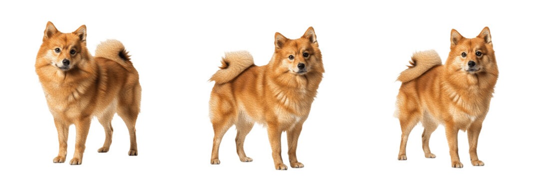 Finnish Spitz Dog Isolated on White Background, Suomenpystykorva Studio Portrait, फिनिश स्पिट्ज़, Purebred Red Fox Like Dog Cutout, Small Hunting Spitz, Barking Bird Dog, Standing Pet Image.
