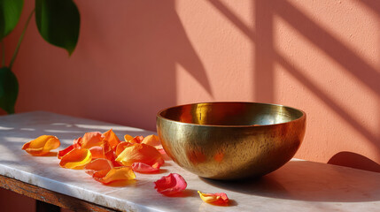 Beautiful bowl sits on marble surface with orange petals scattered around, casting soft shadows against warm wall