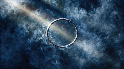 Silver ring floats gracefully in air surrounded by ethereal smoke trails illuminated by soft light, creating mystical atmosphere