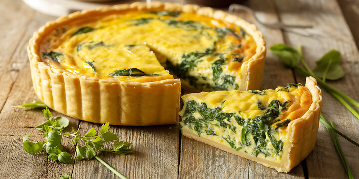 Delicious savory spinach quiche with a golden crust on a rustic wooden table