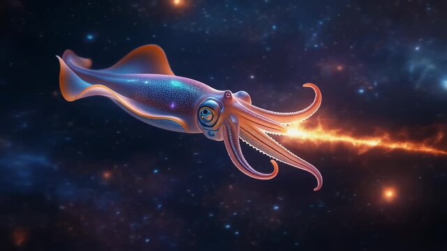 Glowing Squid Swimming Through the Cosmos with Bioluminescent Trail.