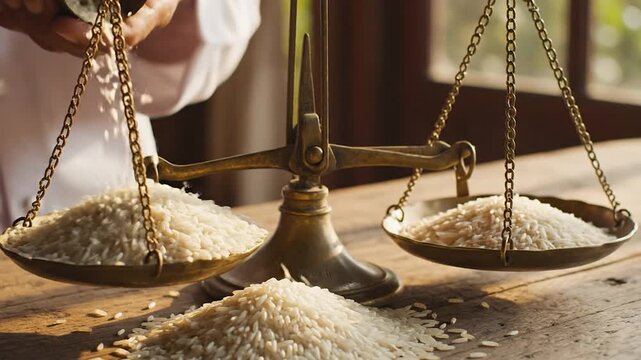 Rice grains being poured onto vintage weighing scales from above