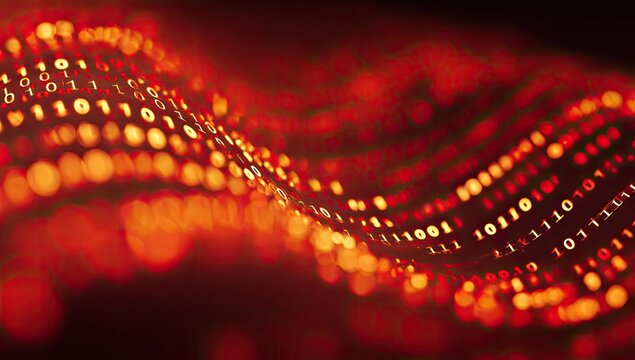 Glowing wave of binary code, representing digital data flow in a red and orange hue