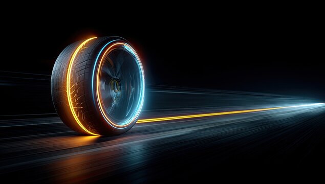 Glowing tire with orange and blue light trails on a blurred background, suggesting speed