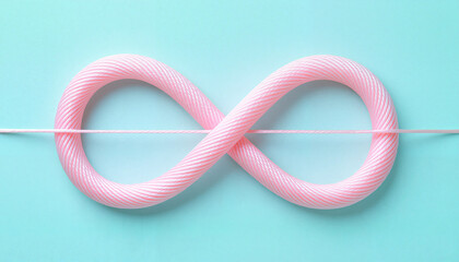 Pink infinity symbol made of rope on turquoise background  