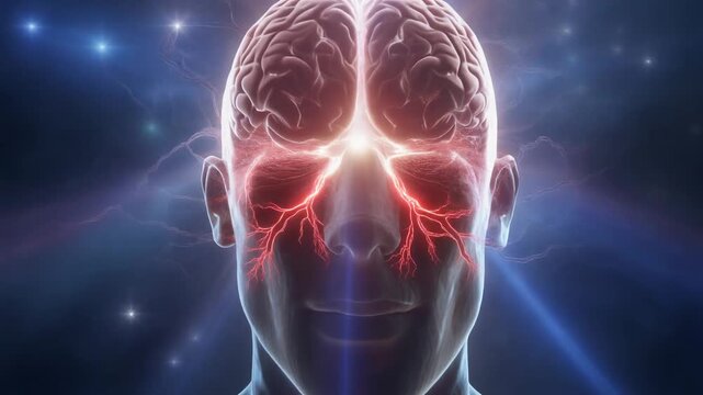 A digital representation of a human head with a glowing brain and heart, symbolizing life and consciousness.