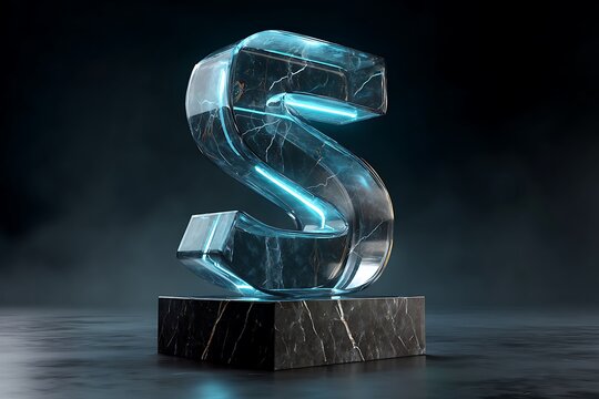 Glowing blue dollar sign on marble pedestal