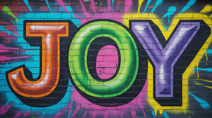 Vibrant colorful graffiti art spelling the word joy on a brick wall background