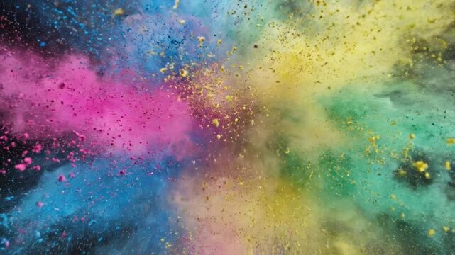 Multi colored powder explosion on black background creating a vibrant abstract cloud of dust particles and paint splash