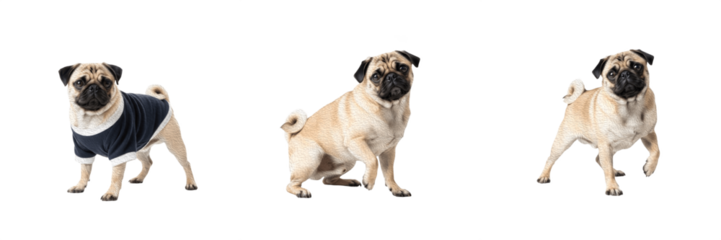 Pug Dog Isolated on White Background, Carlin Studio Portrait, Mops, पग, Small Purebred Fawn Toy Breed Cutout, Wrinkled Flat Faced Canine, Standing Pet Image, Puppy.