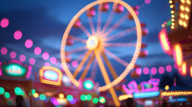 Amusement park rides that glow with lights against the sunset sky