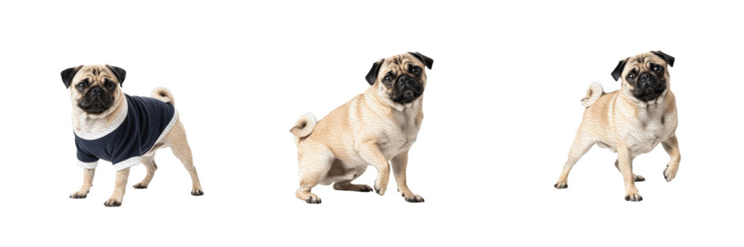 Pug Dog Isolated on White Background, Carlin Studio Portrait, Mops, पग, Small Purebred Fawn Toy Breed Cutout, Wrinkled Flat Faced Canine, Standing Pet Image, Puppy.