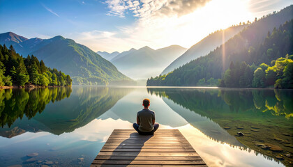 Serene moment of reflection by tranquil lake surrounded by mountains and lush trees, embodying peace and clarity