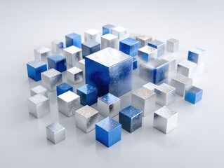 Obraz premium A cluster of metallic cubes, in shades of silver and blue, on a smooth reflective white surface