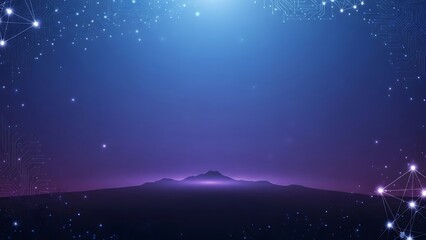 Abstract  grainy noise texture night sky with stars and mountains in the distance under a bright light  celestial landscape with purple and blue hues and a mountain range silhouette