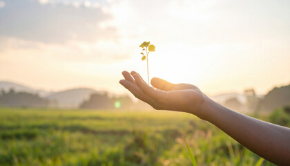 Hand gently holds small plant against serene sunset backdrop, symbolizing human connection with nature, peace, and emotional healing