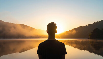 Serene moment by lake at sunrise, capturing tranquility and reflection in nature beauty