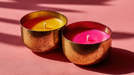 Brightly colored candles in metallic bowls create warm and inviting atmosphere perfect for interfaith celebrations, including Indian wedding