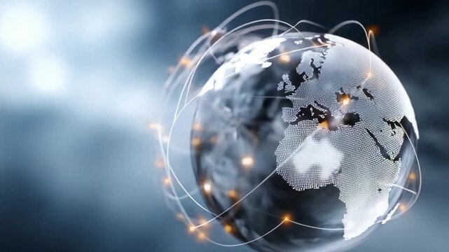 A Dynamic Globe Representation with Connectivity Lines Illustrating Global Interaction, Data Flow, and Digital Networks in a Modern Visual Landscape