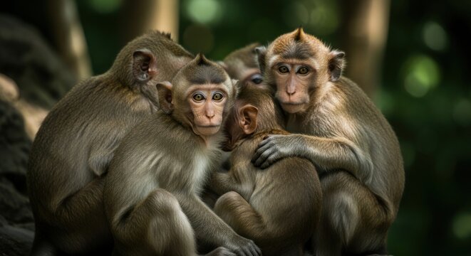 Monkeys Hugging in Forest Environment.
