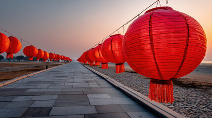 Handcrafted new year lanterns illuminate pathway, creating vibrant atmosphere that celebrates tradition and joy during festive season