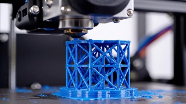 Close-up of 3D printer nozzle extruding blue filament to build geometric lattice structure