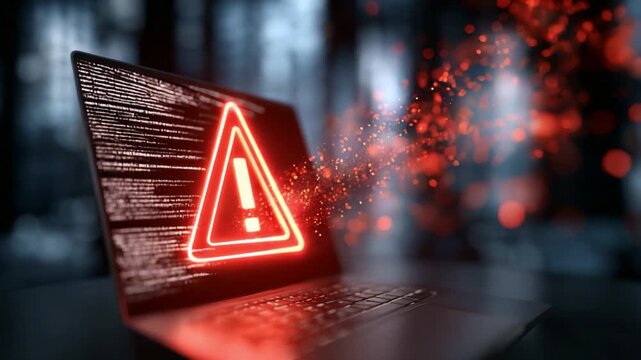 Alert displayed on a laptop screen with red warning sign highlighting potential cybersecurity threats and issues in a dark environment.