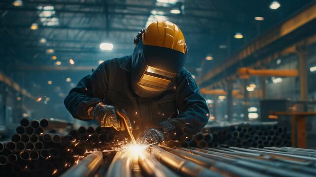 A welder working on metal pipes, creating sparks in an industrial setting.