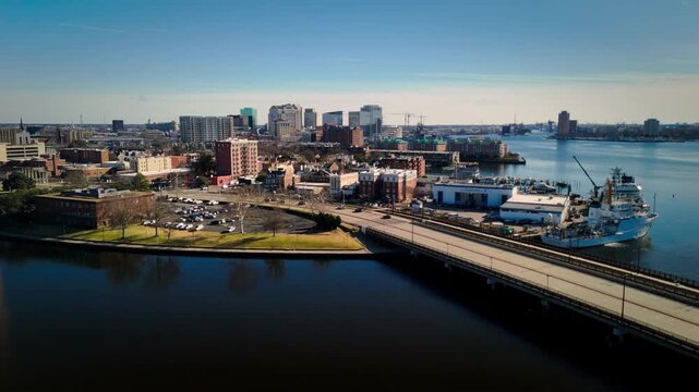 Aerial view of Norfolk Virginia skyline and Elizabeth River mid day