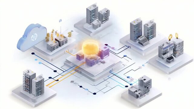 A Comprehensive Overview of a Modern Data Center Architecture with Connected Servers, Cloud Integration, and Centralized Processing Units in a Futuristic Design
