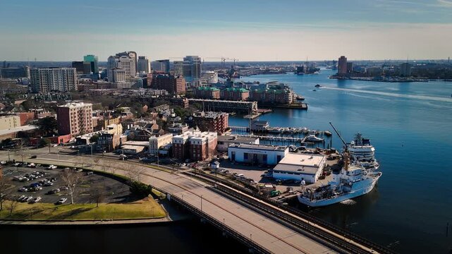 Aerial view of Norfolk Virginia skyline and Elizabeth River mid day