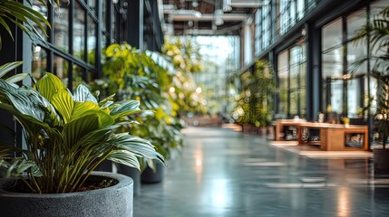 Indoor corridor with plants and glass walls