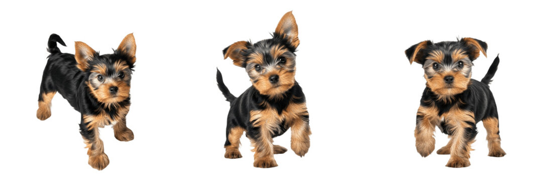 Yorkshire Terrier Puppy Isolated on White Background, Yorkie Studio Shot, योर्कशायर टेरियर, Small Purebred Toy Breed Cutout, Long-Haired Blue and Tan Puppy, Standing Cute Pet Image.