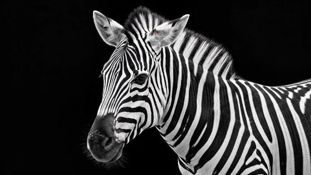 A striking close-up portrait of a zebra against a black background.