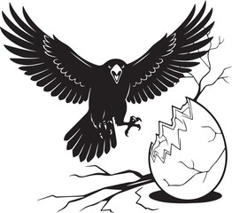 Obraz premium Predatory Black Bird with Wings Spread and Claws Out Near Cracked Egg