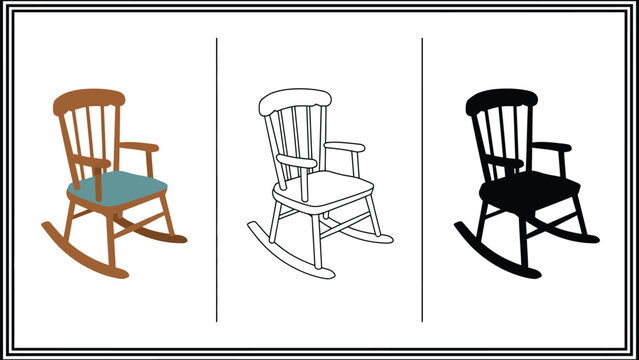 Three different colored rocking chairs on a white background
