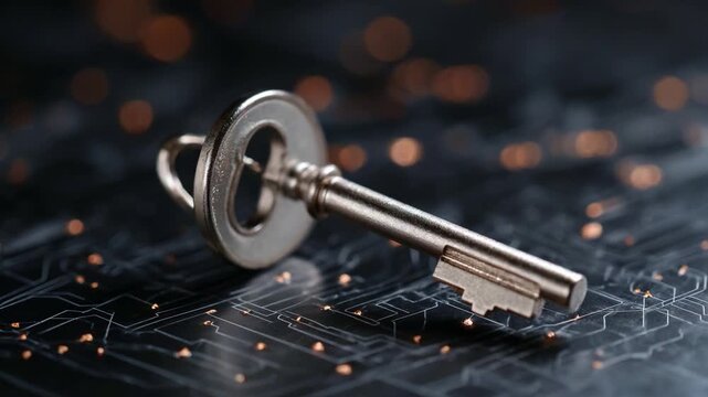 A close-up view of an old-fashioned metallic key resting on a dark surface with glowing circuits, symbolizing security and access to hidden information.