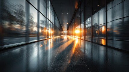 Modern corridor with glass walls and reflective floor