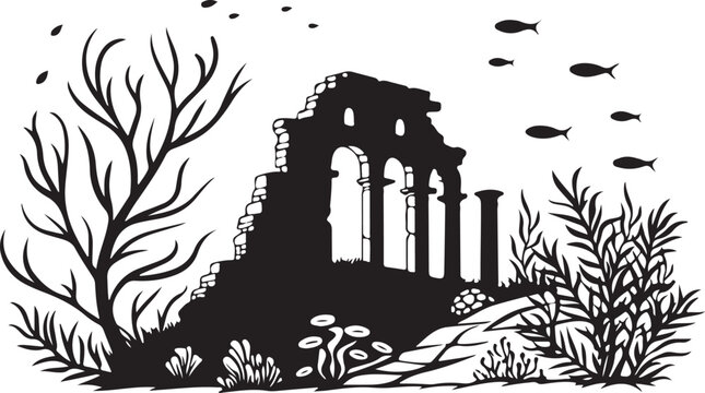 Black and White Underwater Ancient Ruins Silhouette with Fish and Sea Plants