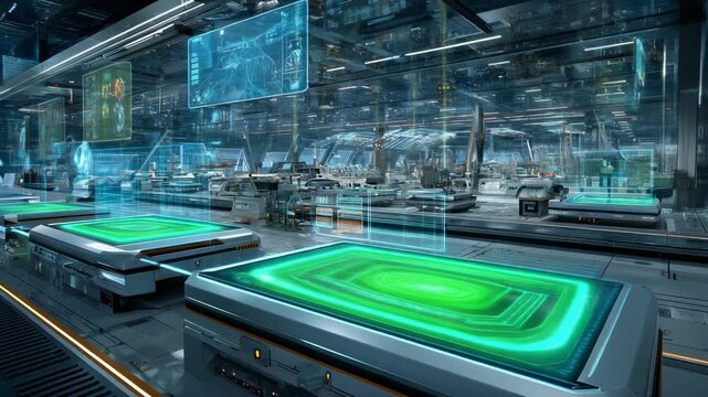 Futuristic laboratory with advanced technology and multiple holographic displays.