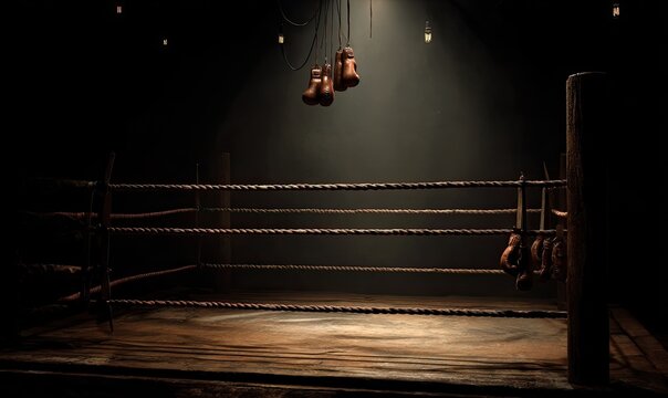 Dark, moody depiction of an empty boxing ring with hanging gloves, lit by overhead lights